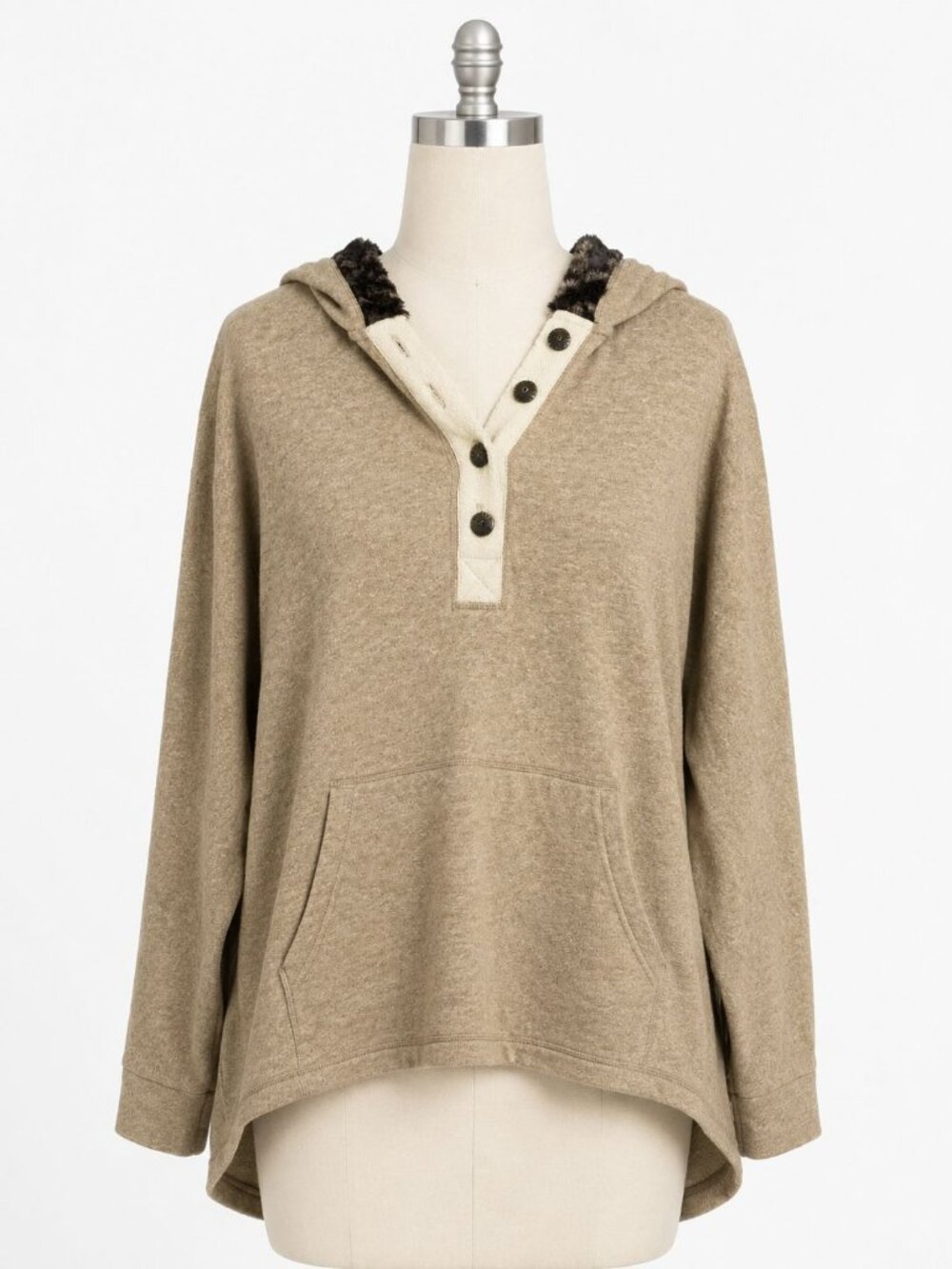 Soft Surroundings Cabin Cuddle Up Faux Fur Hoodie Tunic Large Beige